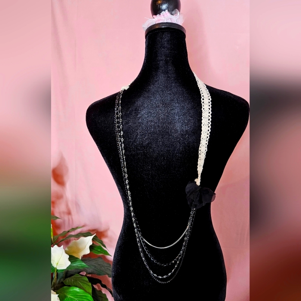 Unic and rare !Crochet and Silver Chains Necklace Embellished with Black Flower